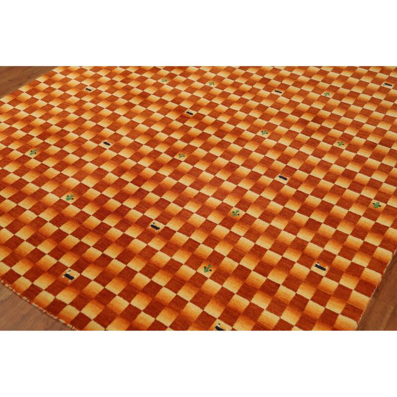 Checkered Gabbeh Indian Area Rug Hand-Knotted Wool Carpet - 5'5" x 7'9"