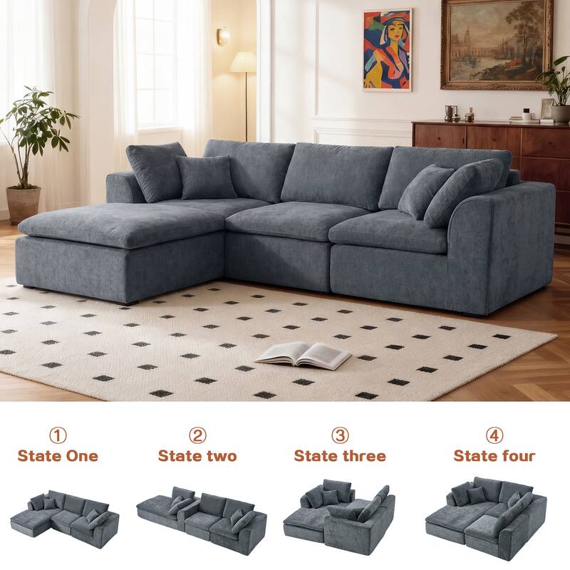 L-Shaped Chenille Sectional Sofa with Chaise Lounge, Living Room Modular Leisure Couch Chenille Sleeper Sofa - DARK GREY - Right Facing