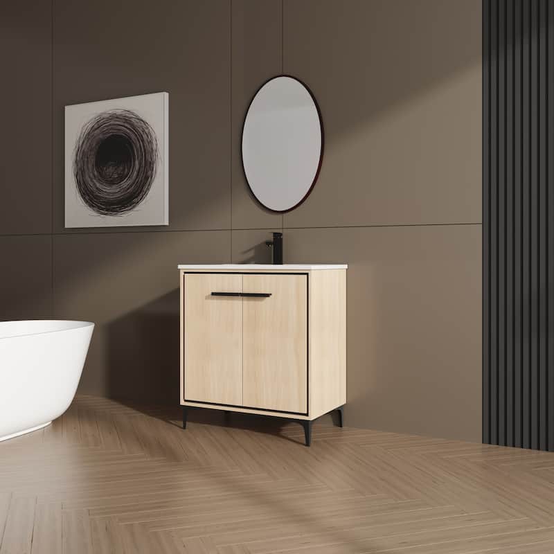 GDFStudio - Denton Modern Freestanding Bathroom Vanity Cabinet with Ceramic Sink, Soft Close Doors & Metal Tripod - 30"