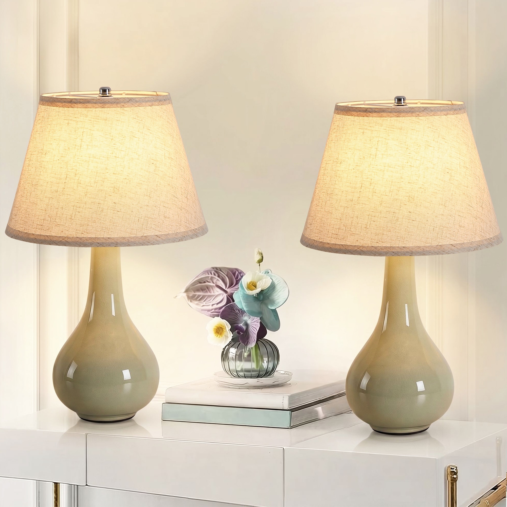 Modern Ceramic Table Lamps Set of 2, 19" Bedside Lamps with Linen Shades, E26 Base, for Bedroom, Living Room & Home Office