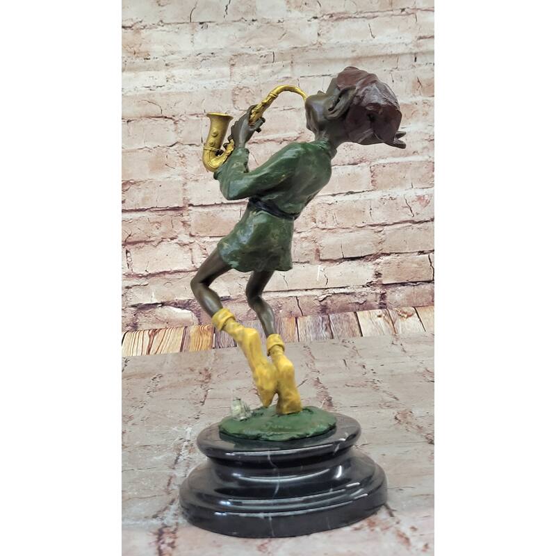 Whimsical Bronze Elf Leprechaun Playing Golden Saxophone Fantasy Sculpture By Juno