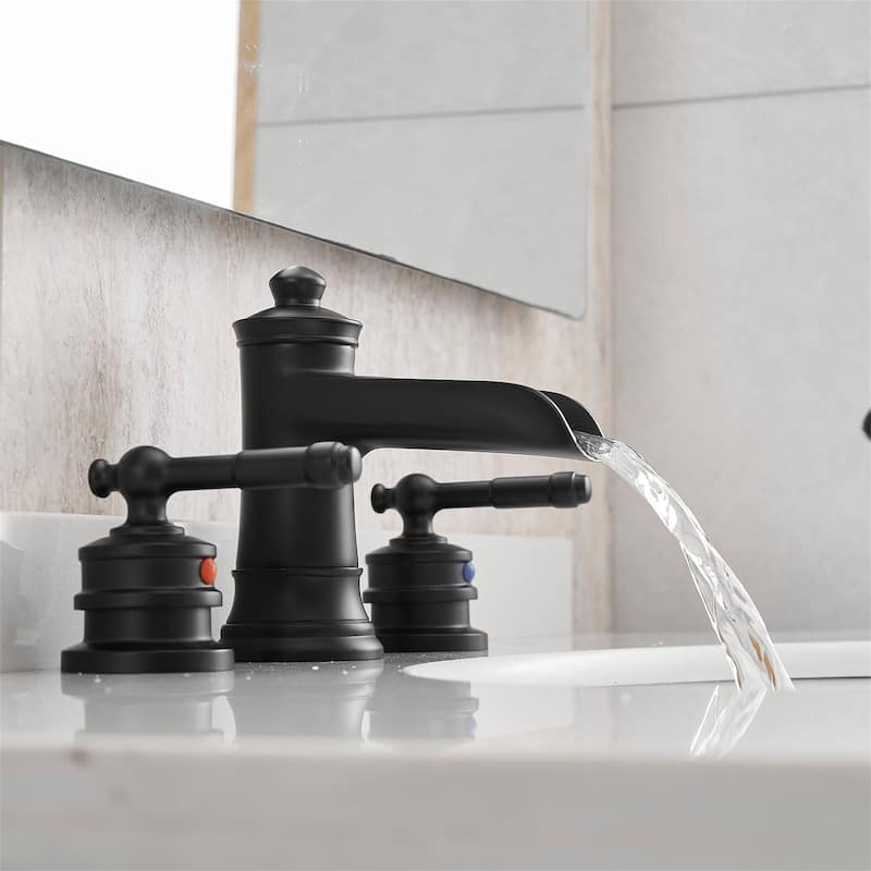 Waterfall 8 Inch Widespread Bathroom Faucet with Pop-up Drain Brass Double Handle Modern Bathroom Sink Basin Taps - Matte Black