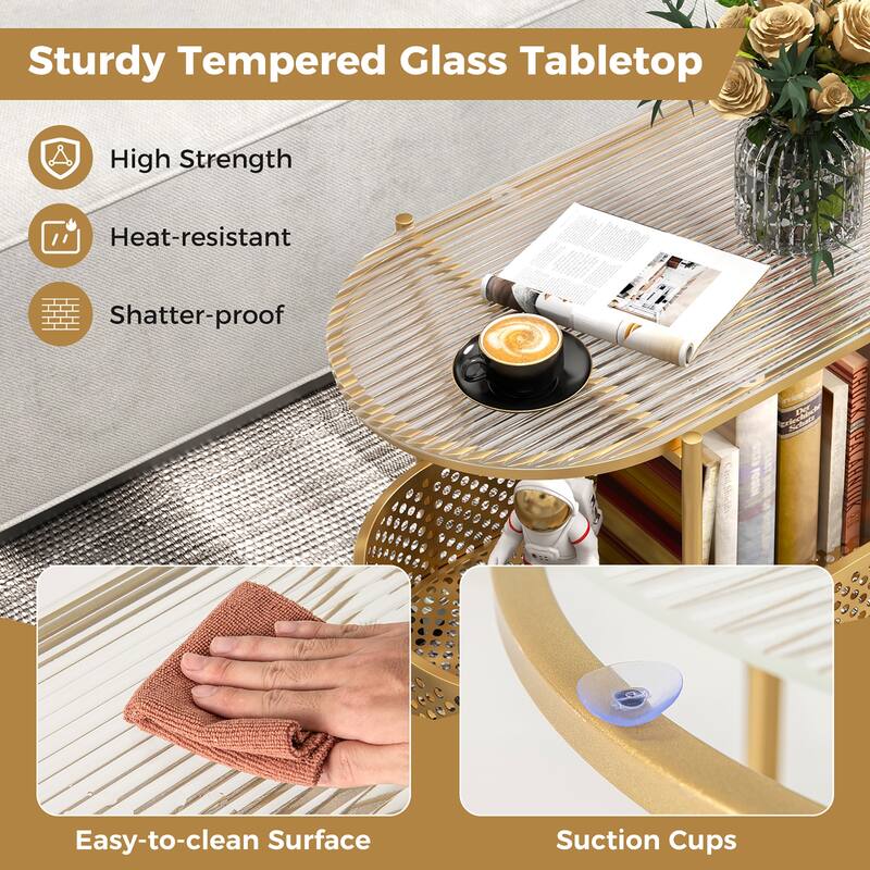 Gymax 2-Tier Mobile Glass Coffee Table w/ Bear Pattern Storage Basket