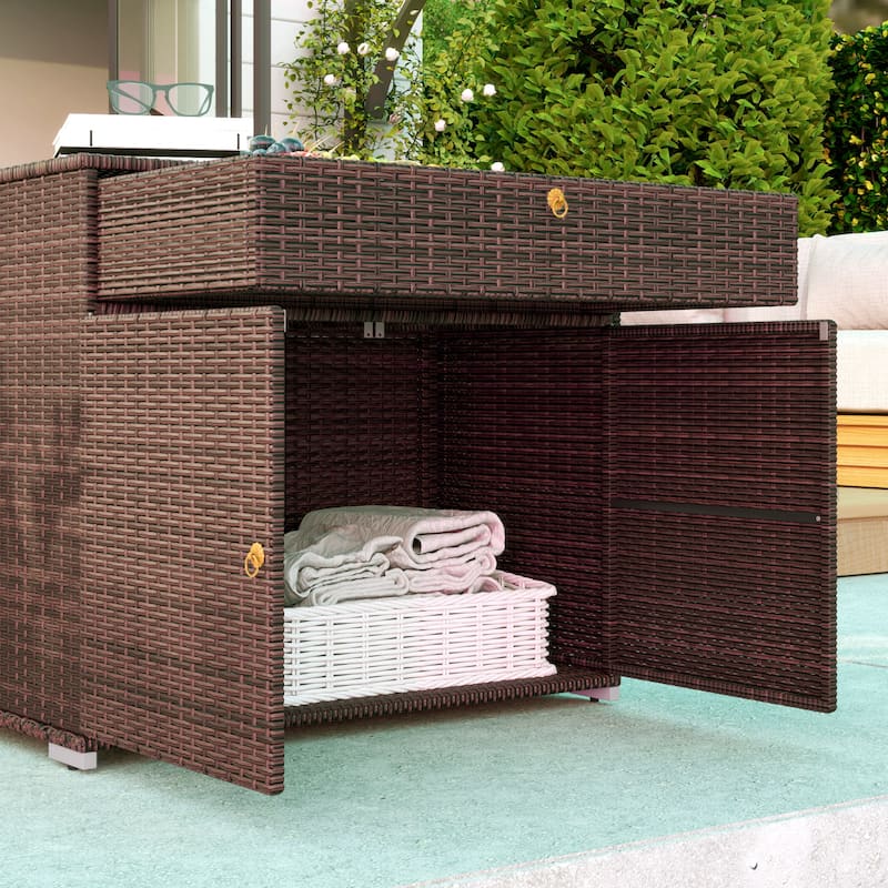 Outsunny Outdoor Towel Rack & Pool Toy Cabinet, Hot Tub Accessory Storage, Freestanding PE Rattan Wicker Cabinet