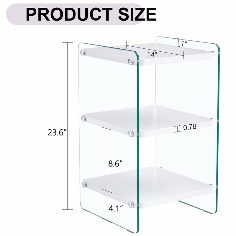 3-Tier Glass Bedside Table, Modern Nightstand with Storage