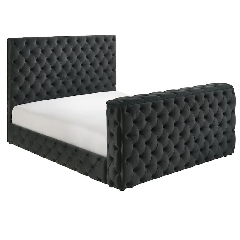 Meri King Bed with Lift TV Stand, Tufted Black Velvet Upholstery