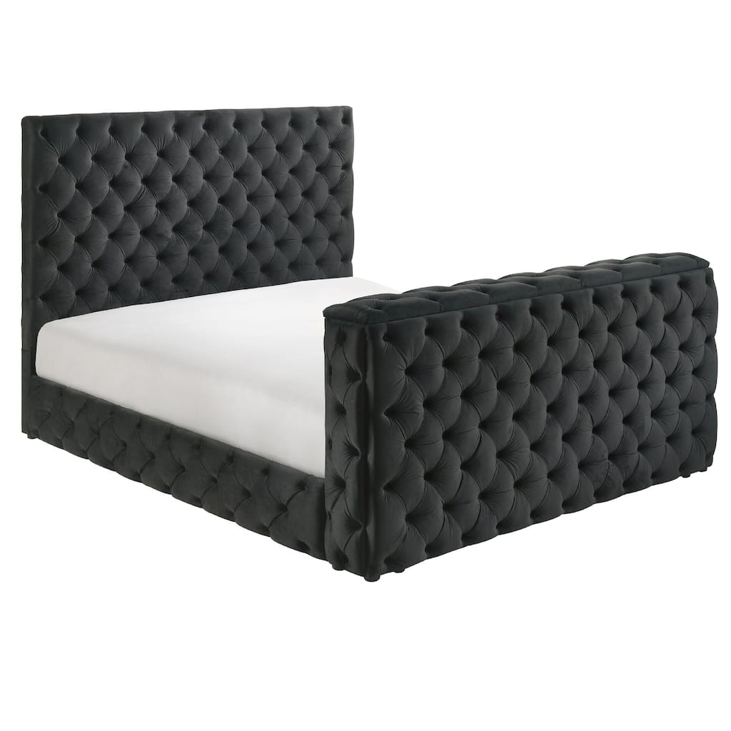 Meri King Bed with Lift TV Stand, Tufted Black Velvet Upholstery