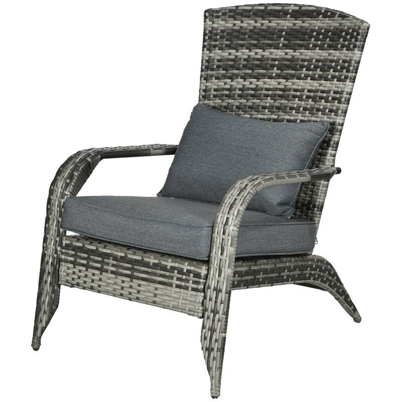 Outdoor Wicker Adirondack Chair, Patio Fire Pit Chair with Soft Cushions, Tall Curved Backrest & Armrests - Grey