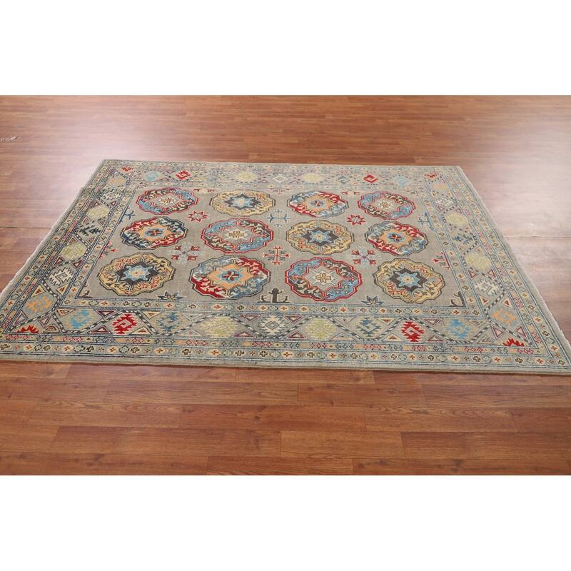 Geometric Grey Kazak Oriental Area Rug Handmade Wool Carpet - 4'10" x 6'11"