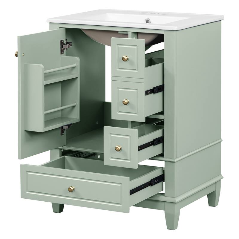 Roomfitters 24" Bathroom Vanity with Sink, Solid Wood Frame, 3 Drawers & Side Cabinet with Door Racks
