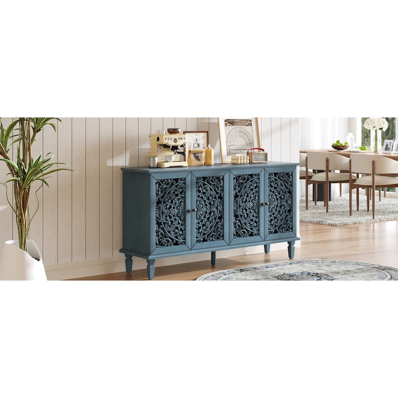 60" Antique Buffet Cabinet with Floral Carvings with Solid Wood Legs&Adjustable Shelves, TV Stand for 65''+ TV