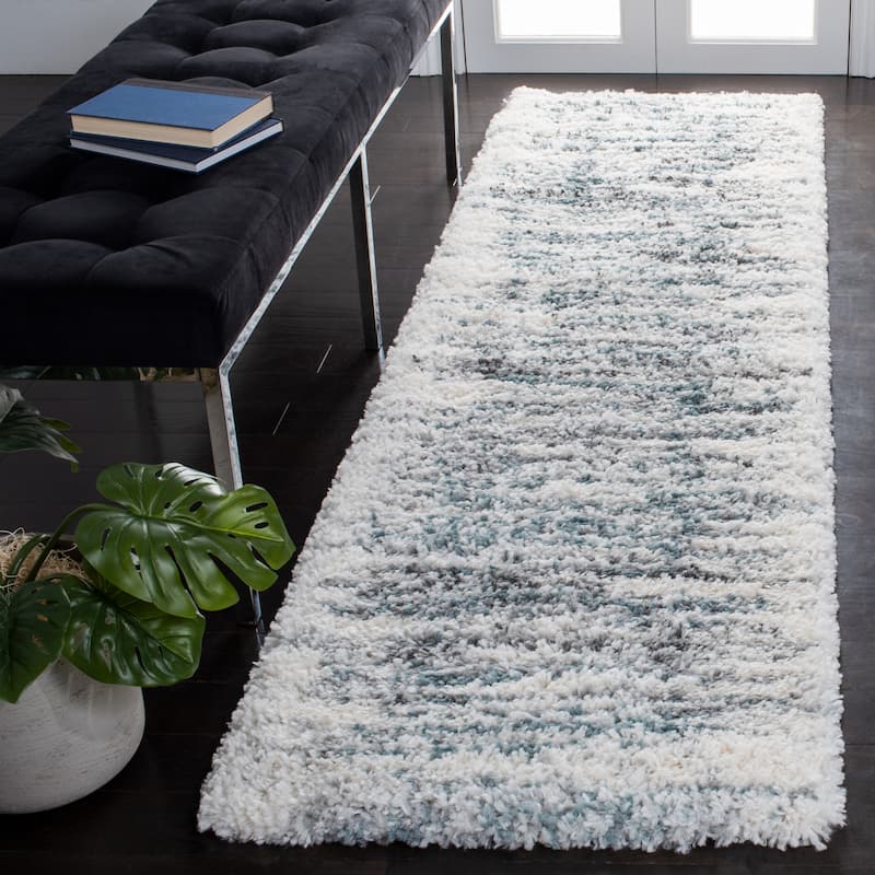 SAFAVIEH Fontana Shag Fatema Modern Abstract 2-inch Thick Rug - 2'3" x 10' Runner - Ivory/Teal