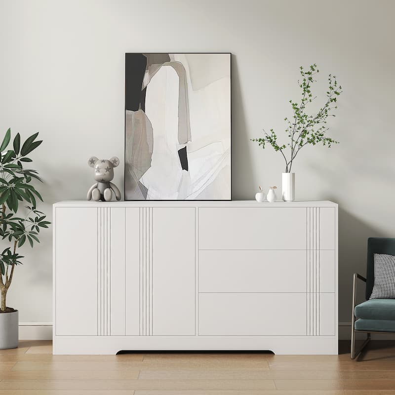 Kitchen Sideboard Buffet Cabinet with 3 Drawers, Adjustable Shelves - White