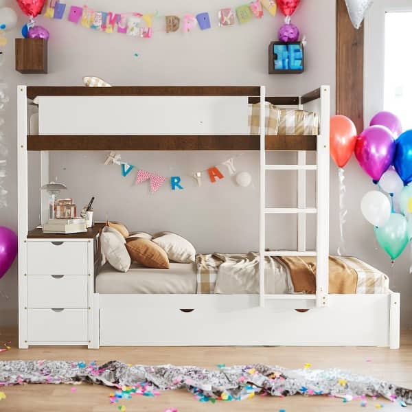 slide 2 of 36, Full-Over-Full Bunk Bed with Twin size Trundle, Storage and Desk White+Walnut