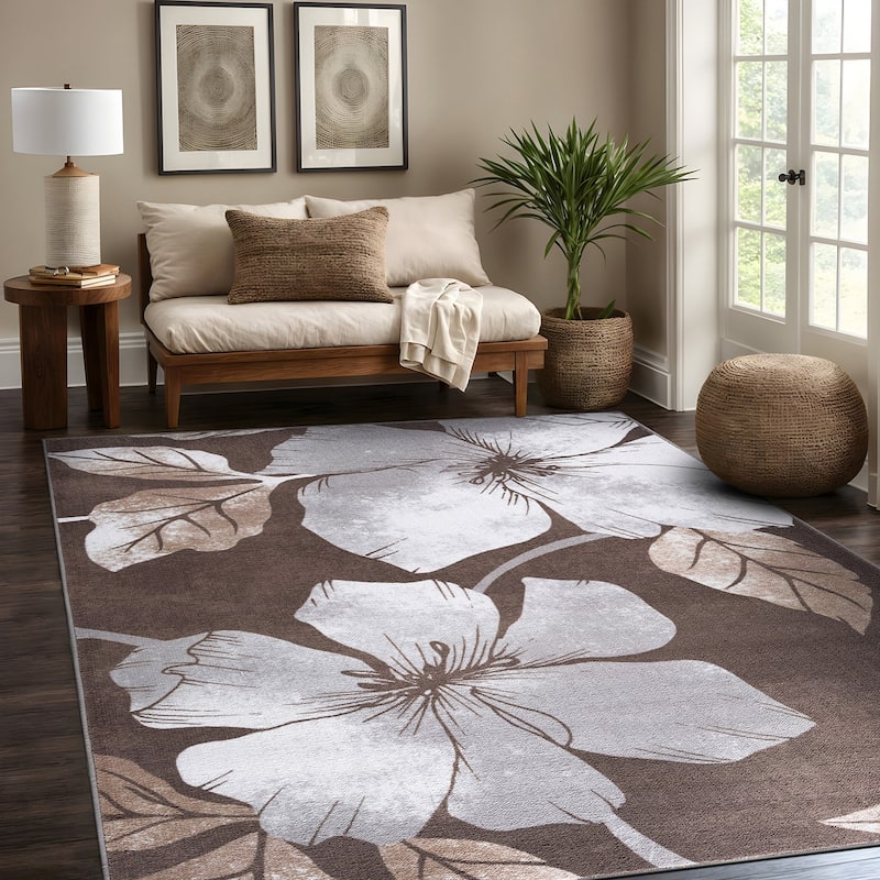 Bahamas Black White Floral Non-Slip Rubber Back Indoor Area Rug