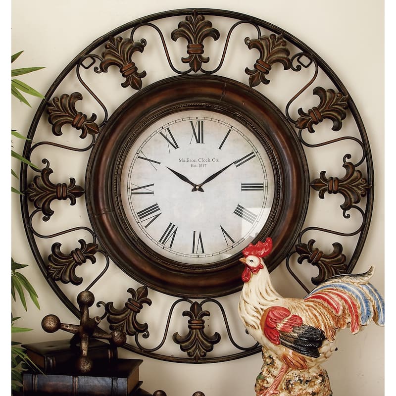 Metal Fleur De Lis Wall Clock - Brown - Roche River Decor - 5"W x 38"L x 38"H