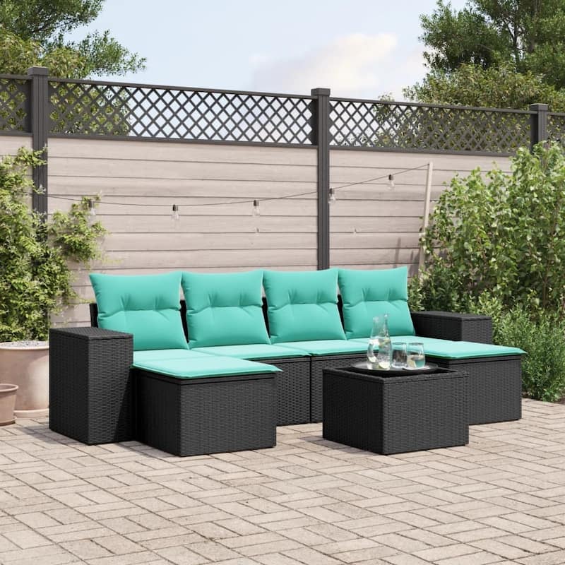 vidaXL 7 Piece Patio Sofa Set with Cushions Black Poly Rattan - 21.7 x 24.4 x 27.2