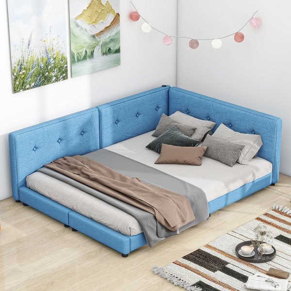 slide 2 of 9, Queen Size Upholstered Platform Bed with USB Ports, Sturdy Wood Frame, Blue Blue