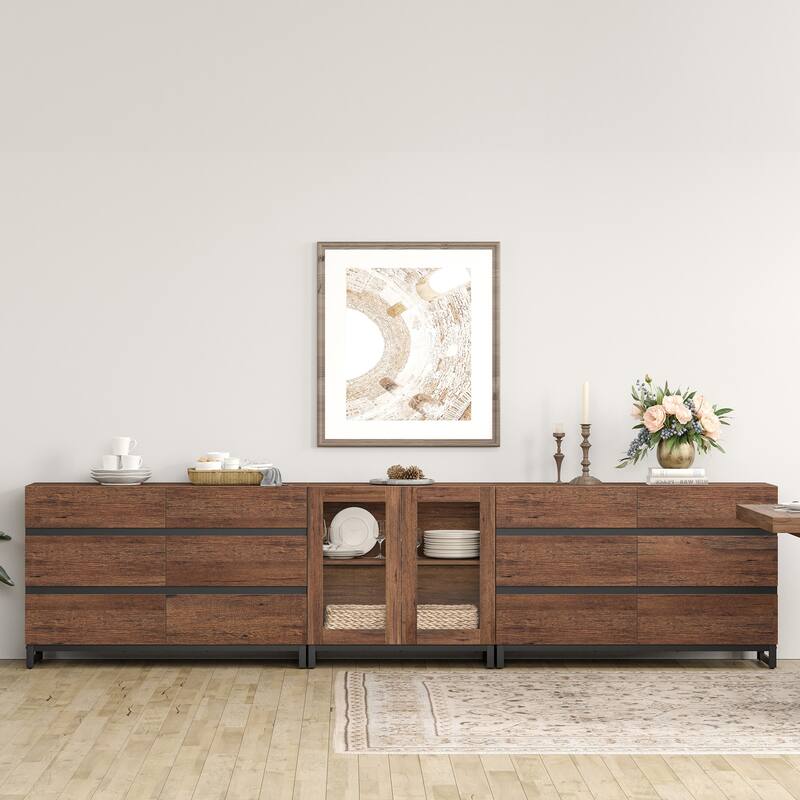 WAMPAT Modern Sideboard with Adjustable Shelves and Drawer, 3 in 1 Storage Cabinet with Glass Doors for Living Room, Kitchen