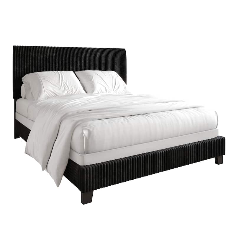 CraftPorch Corduroy 4-pieces Mid-Century Modern Black Bed with Brown Furniture Bedroom Set