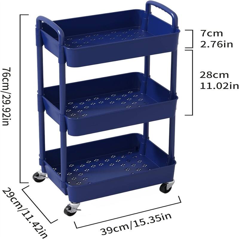 3-Tier Plastic Rolling Utility Cart - 11.42"D x 15.35"W x 29.92"H