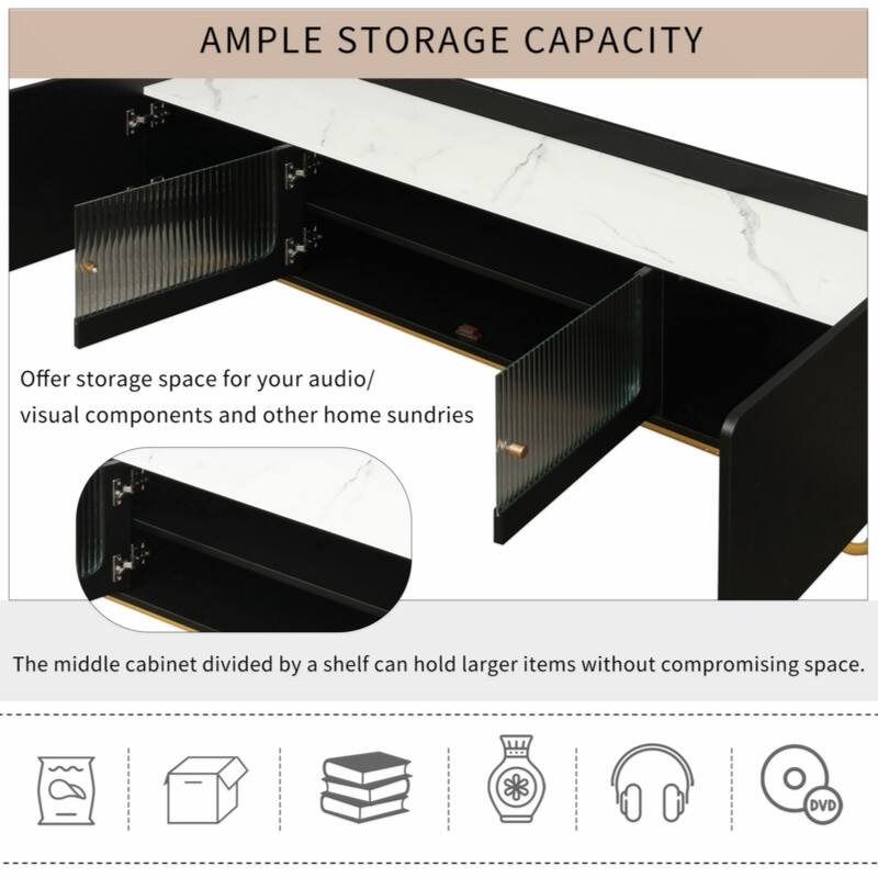Sleek Design TV Stand with Fluted Glass, Contemporary Entertainment Center for TVs Up to 70"