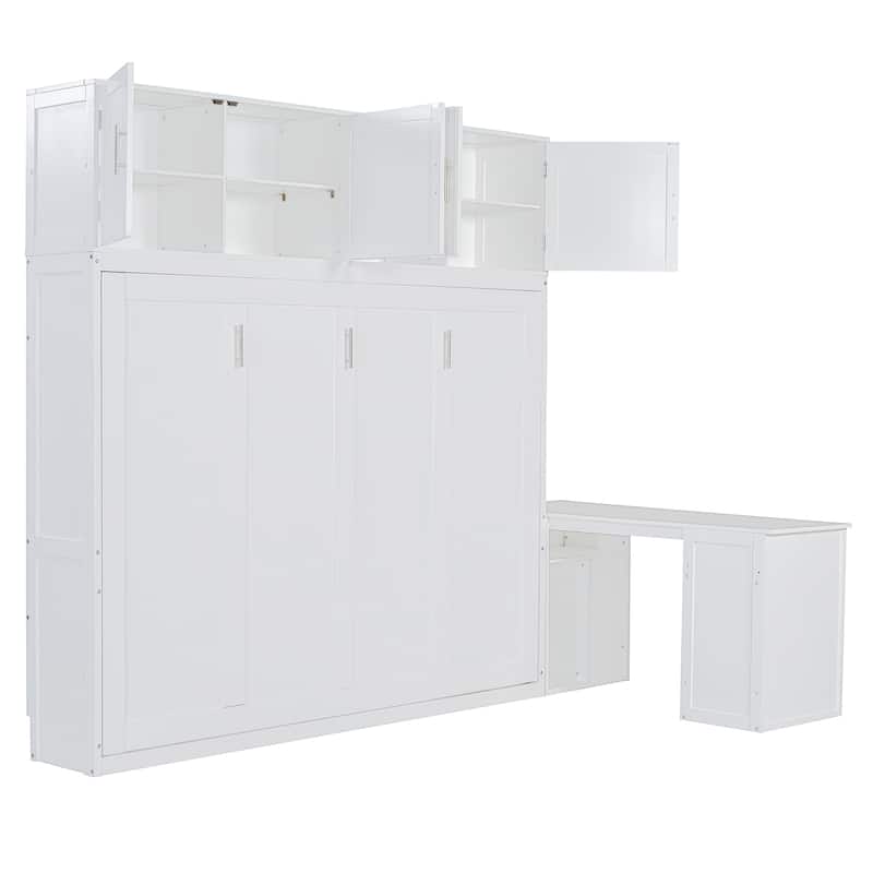 Queen Size Murphy Bed with Storage Shelves and 2 Storage Cabinets, Wooden Foldable Wall Bed Frame with Desk & Hydraulic Lift