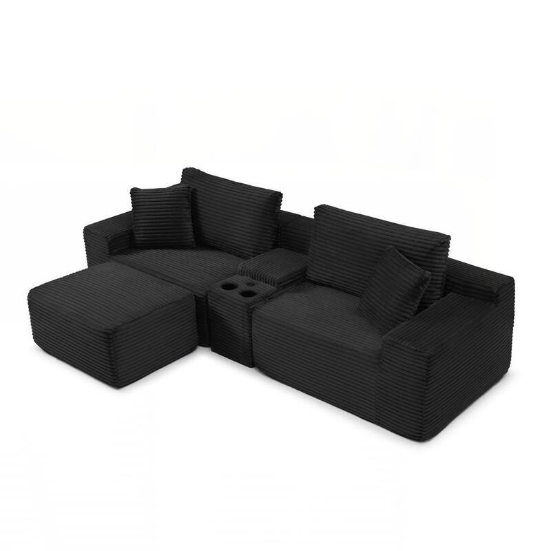 Modular Sectional Sofa, Deep Seat Corduroy Cloud Couch with Cup Holders, USB Ports & Storage Box