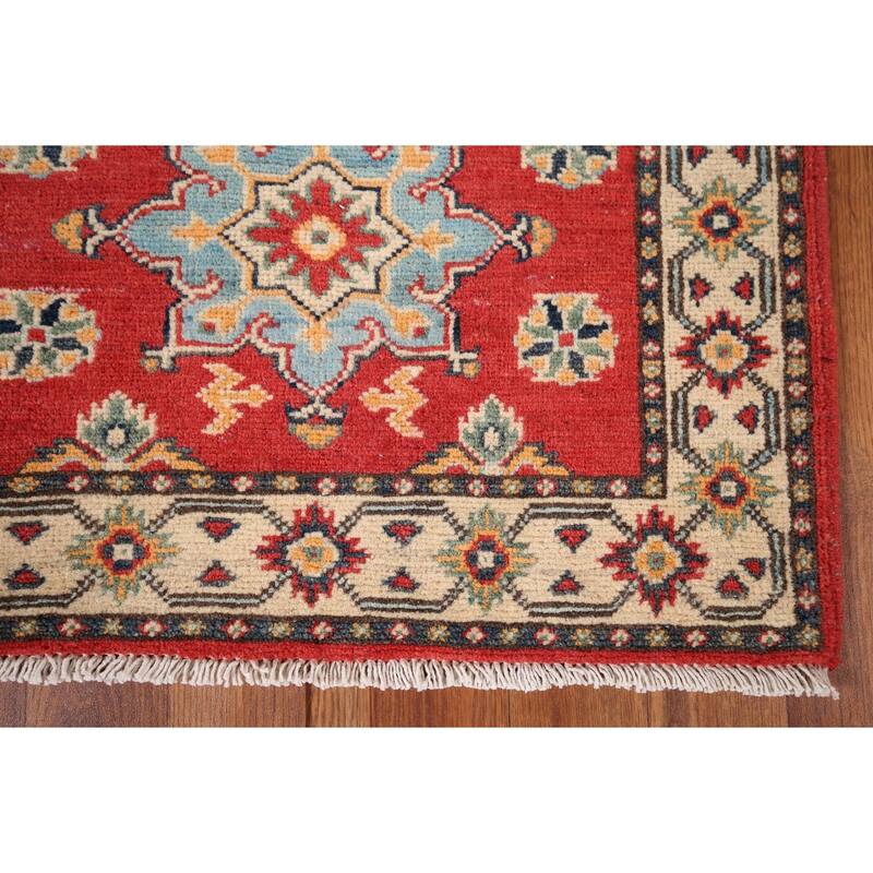Geometric Red Kazak Oriental Runner Rug Handmade Wool Carpet - 2'2" x 5'7"