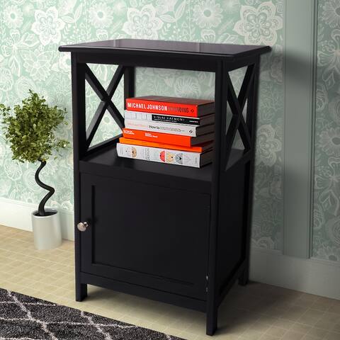 28.74 Inches Single Door Wooden Storage Cabinet with Open Shelf and X Side Panels, Black