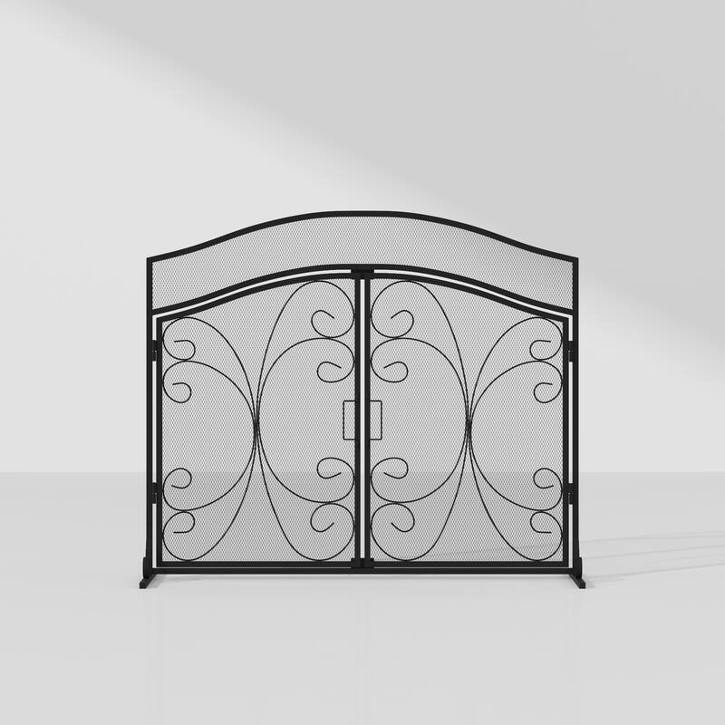 Classic Black Wrought Iron Fireplace Screen with Arched Double Doors, Decorative Mesh Fire Guard for Indoor Home Hearth Safety