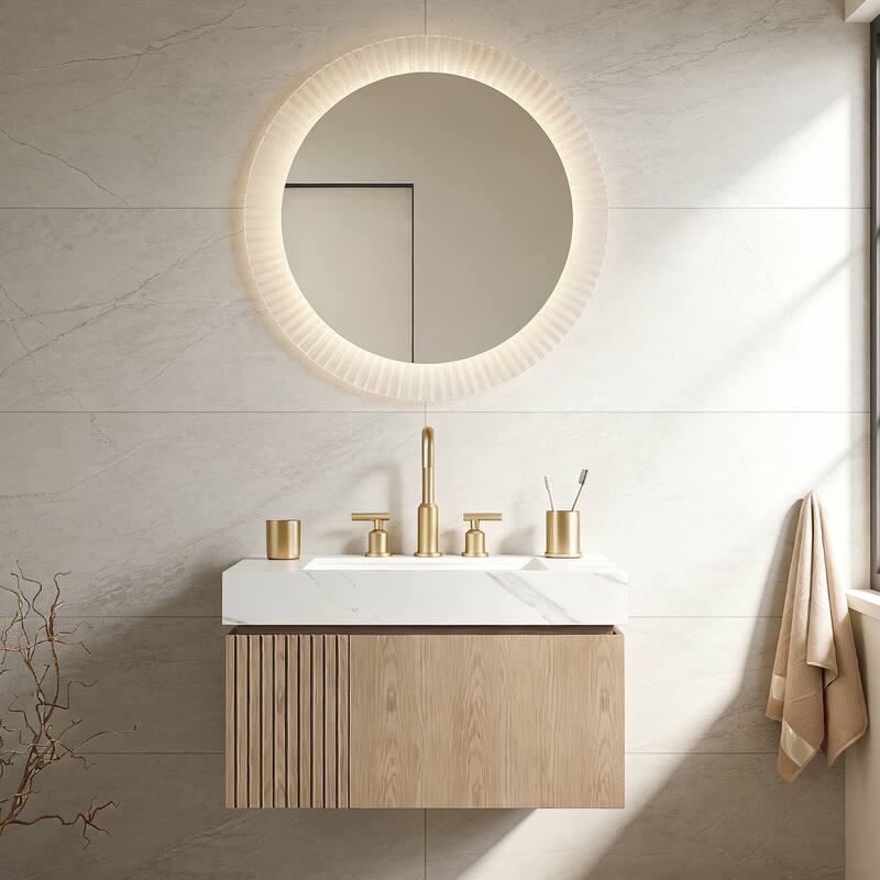 Floating Storage Bathroom Vanity with 3 Pre-drilled Faucet Holes - 30 - Light Brown