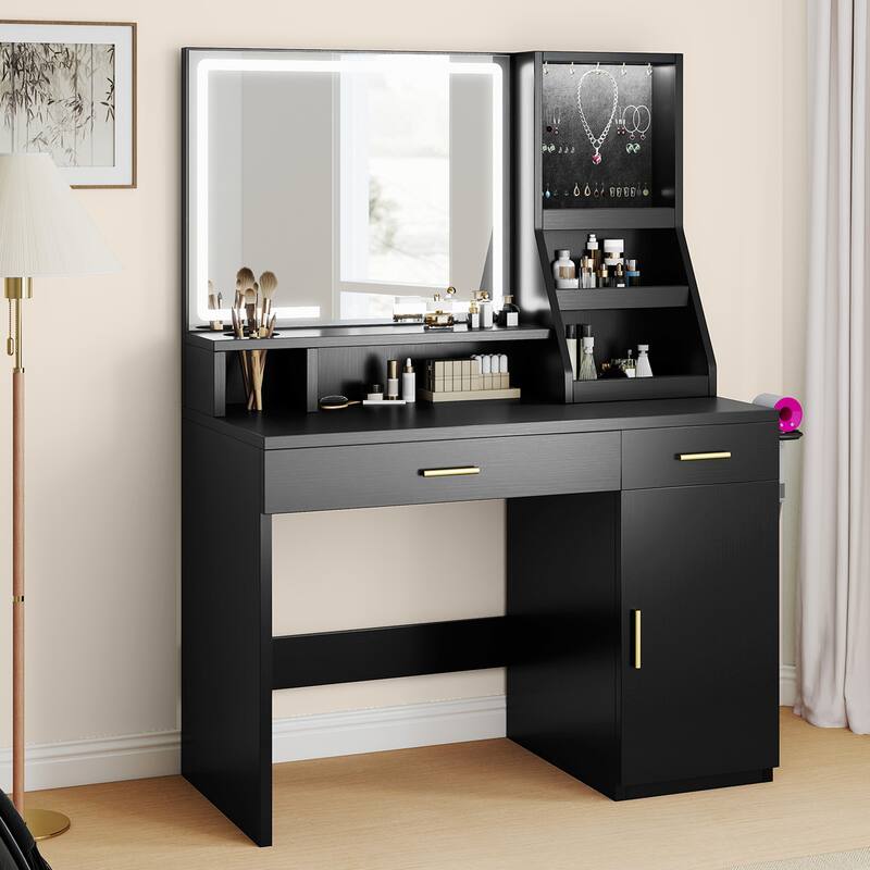 Moasis Makeup Vanity Desk with Mirror and Lights, Dressing Table with 2 Storage Drawers & Hairdryer Holder - Black