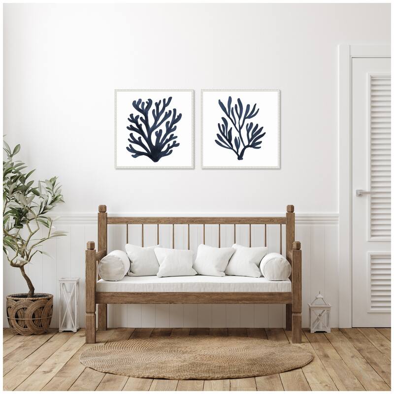 Kate and Laurel Sylvie Beaded Coastal Coral Seaweed Botanical 5 and 7 Framed Canvas Art Set by The Creative Bunch Studio