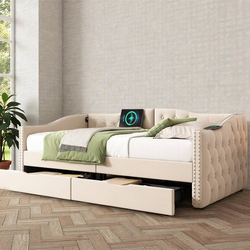 Twin Upholstered Daybed with Storage Drawers and USB Ports, Wood Daybed Frame, No Box Spring Needed