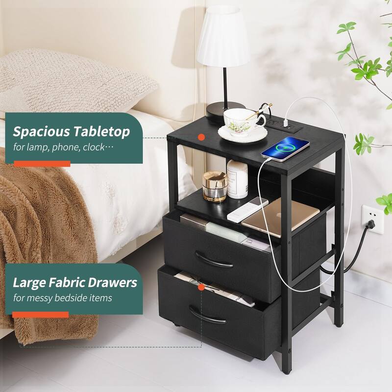 Nightstand with Charging Station,LED Night Stand with Fabric Drawers and Storage Shelf,Nightstands Bedside Tables with USB Ports