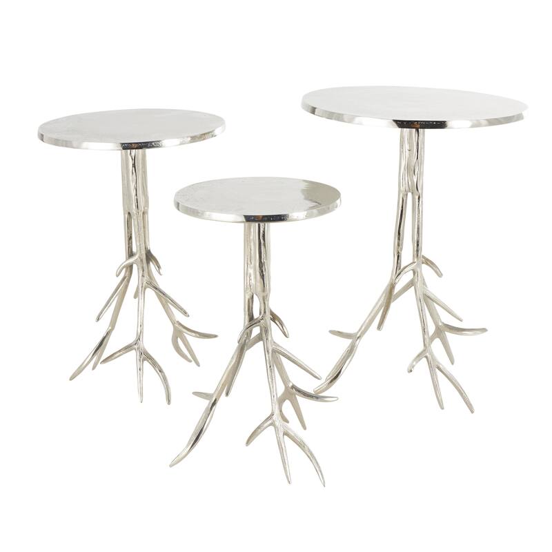 Gold or Silver Aluminum Metal Tree Side End Accent Table with Branch Inspired Bases (Set of 3)