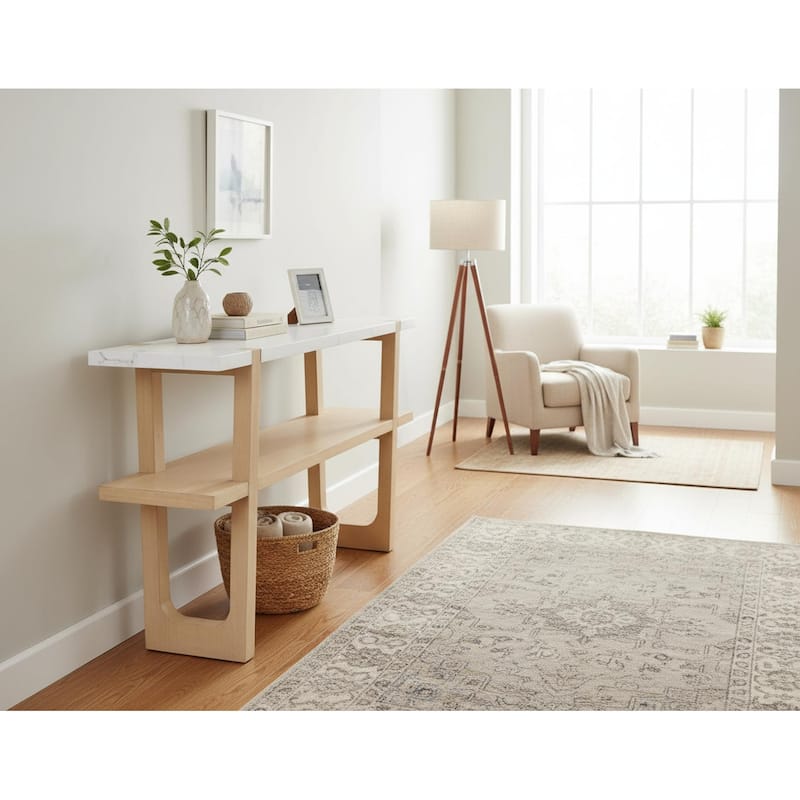 Homy Casa Narrow Console Table Marble-Effect Top and Open Shelf