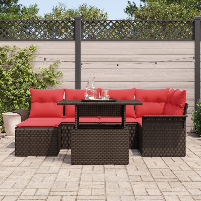 vidaXL 7 Garden Sofa Set with Cushions Black/Brown/Grey Poly Rattan - 95.5 x 52.2 x 27.2