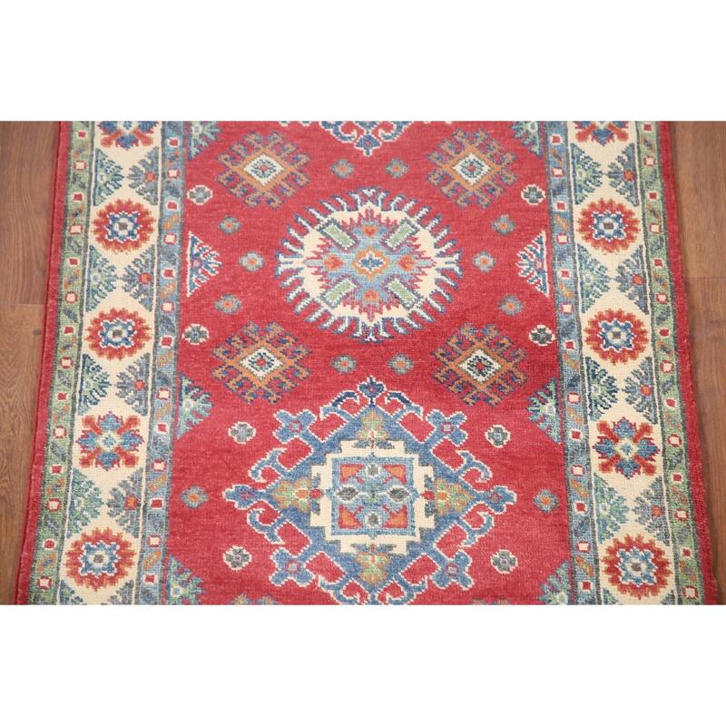 Hand Knotted Oriental 100% Wool Carpet Traditional Geometric Red Kazak Area Rug - 6' 5'' X 2' 9''