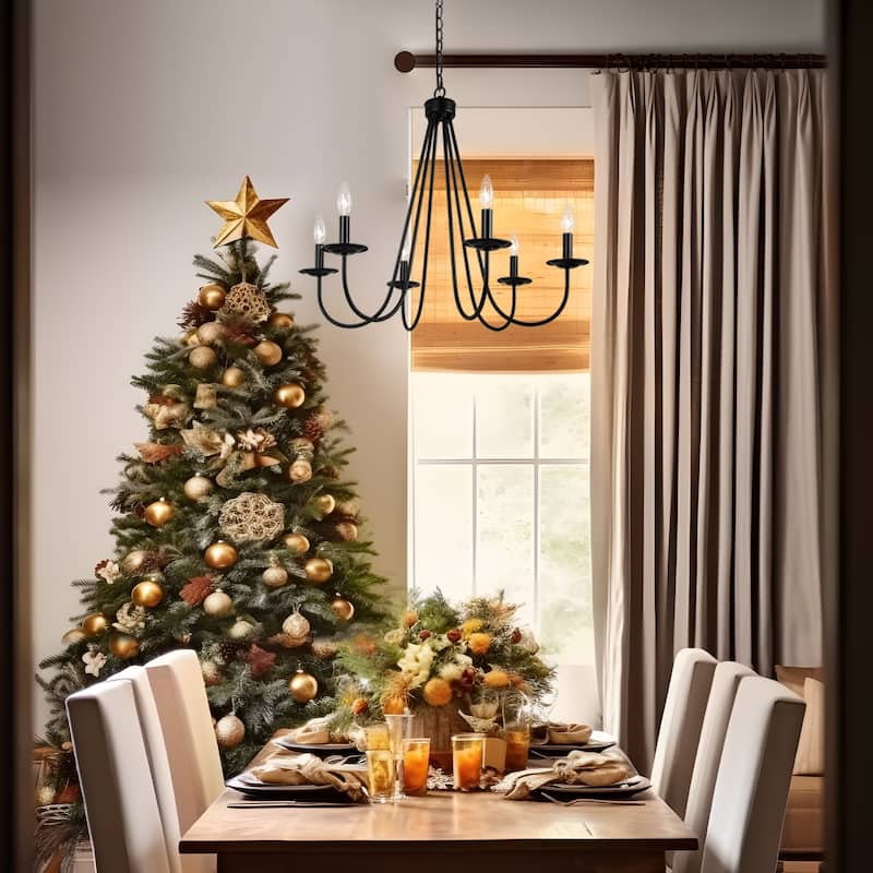 Rella Modern Farmhouse Chandelier 6-light Classic Candle Metal Dining Room Pendant - Light Gold - D28" x H24"