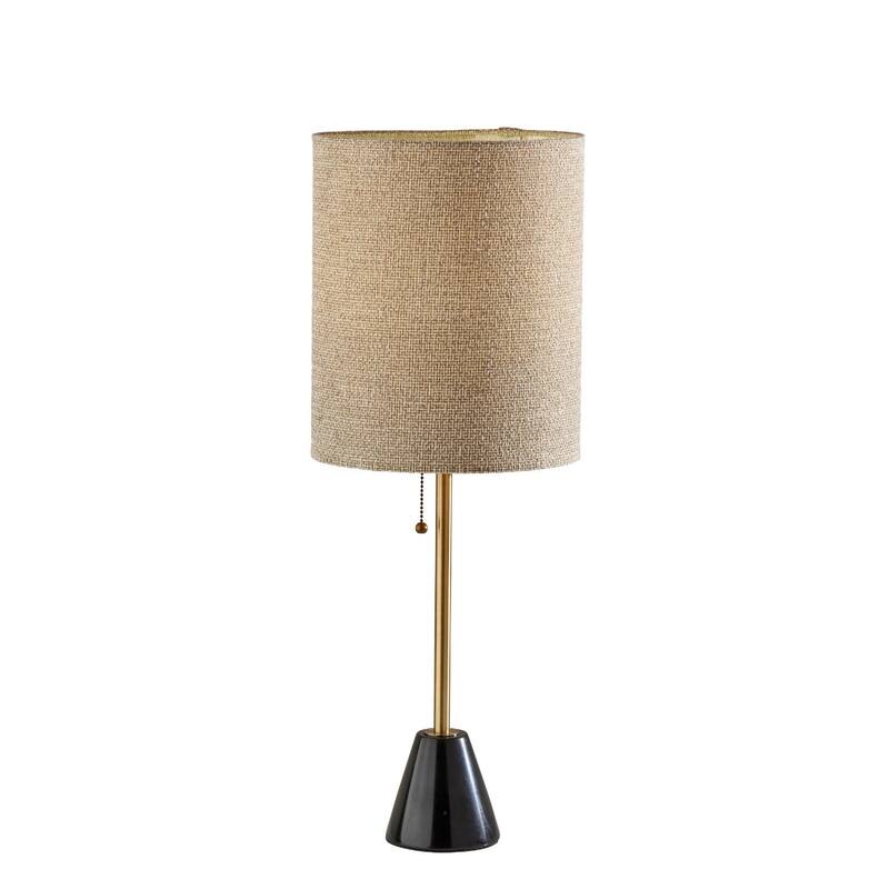 Black and Gold Marble Metal Base Table Lamp with Beige Fabric Drum Shade and Pull Chain - 10” x 10” x 28” (D x W x H)