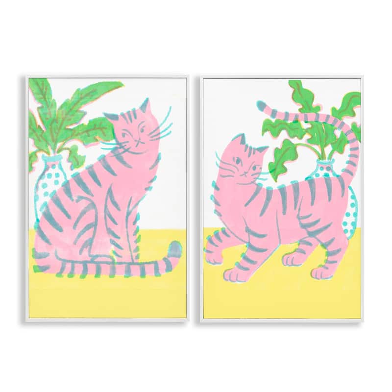Stupell Pastel Pink Cats & Plants Framed Giclee Art Design By Hannah Moren (Set of 2) - 20 x 30 - White