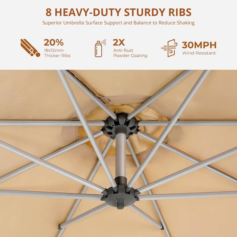 120" Patio Umbrella with Upgraded Aluminum Frame,Cantilever Hanging Market Umbrella with Base Included,UV Resistant