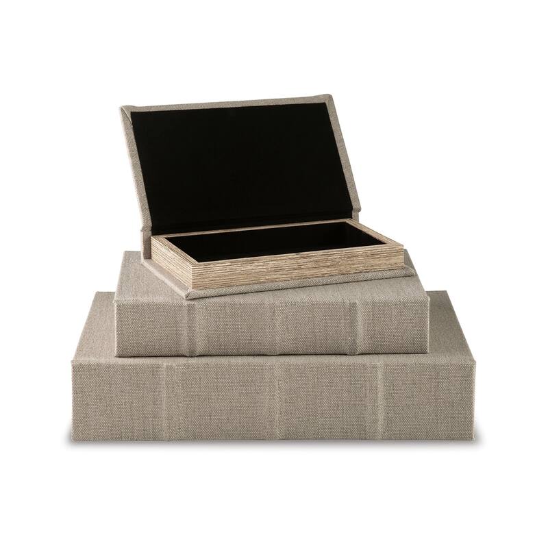 Jolly Decor Storage Book Box Set of 3, Beige Linen, Black Velvet Lining
