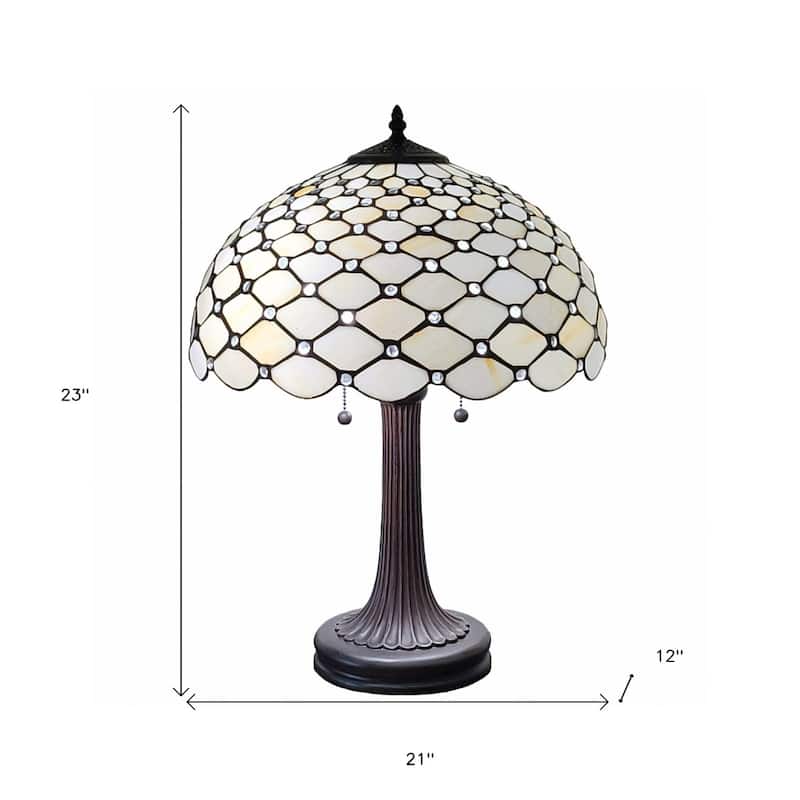 Dark Brown Metal Two-Light Table Lamp with Black White Glass Shade - 12” x 21” x 23” (D x W x H)