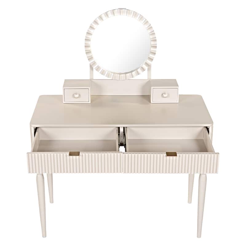 Luxury Vanity Desk with Round Mirror,Height-Adjustable, Stylish Dressing Table Set, 4 Drawers & Stool
