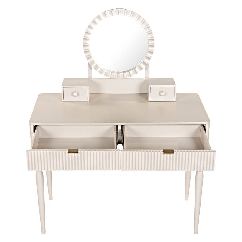 Vanity Desk with Adjustable Round Mirror, Wooden Dressing Table Set, Makeup Vanity Table with 4 Drawers & Cushioned Stool