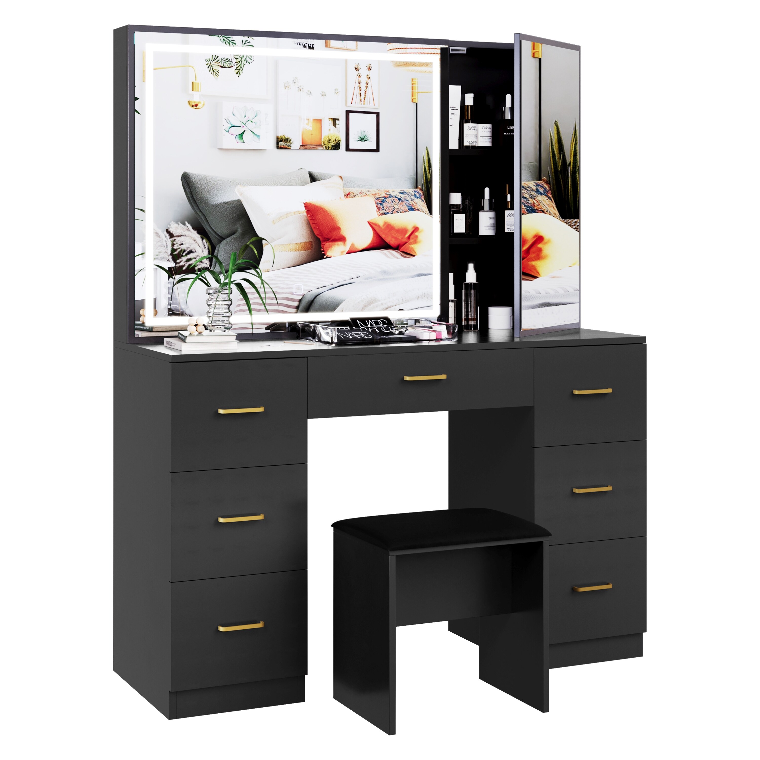 Makeup Vanity with XL Lighted Mirror & Stool, 7 Drawers Bedroom Vanity Desk