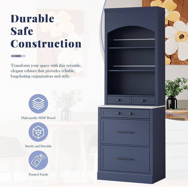 Modern 83.7inch High Kitchen Pantry, Freestanding Tall Kitchen Hutch with Faux Marble Top,Cupboard Cabinet, Set of 2